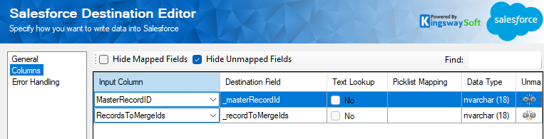 Salesforce Destination columns page mapping